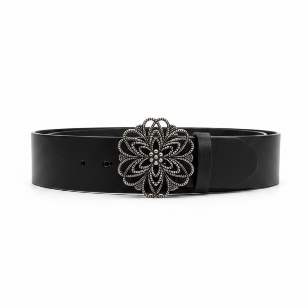 Vintage‎ Black Leather Wide Belt Pewter Silver Filigree Flower Statement Buckle